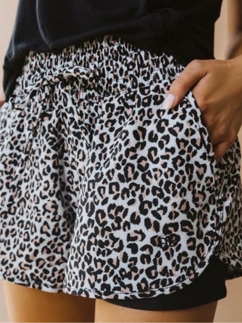 Leopard Print Drawstring Shorts - Black & Cream with Light Tan Spots Albion Fit